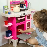 Qaba Pretend Play Kitchen Set with Realistic Lights & Sounds, 104PCS Toy Kitchen Accessories for Boys and Girls, Pink(m-9)