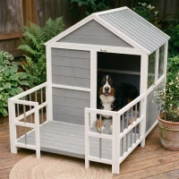 PawHut Outdoor Dog House, 61"L Wooden Dog House with Porch, Weatherproof Roof, Elevated Base, Air Vents & Observation Windows(m-2)