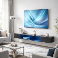 HOMCOM TV Stand with RGB LED Lights, Entertainment Center with Open Shelves for 75 Inch TV, Black Wood Grain(m-8)