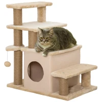 PawHut Adjustable Height 3 Step/4 Step Cat Stairs w/ Jute Cat Scratching Post, Cat Condo, Toy Ball, for Bed, Sofa, Couch, Beige(m-11)
