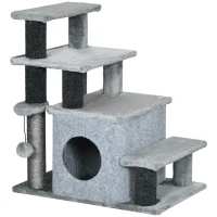 PawHut Adjustable Height 3 Step/4 Step Cat Stairs w/ Sisal Cat Scratching Post, Cat Condo, Toy Ball, for Bed, Sofa, Couch, Gray(m-1)