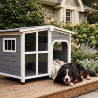 PawHut Cabin-Style Wooden Dog House for Large Dogs with Openable Roof & Giant Window,Gray(m-10)