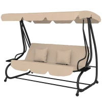 Outsunny 3-Seat Outdoor Patio Swing Chair, 2-in-1 Convertible Flat Bed, Canopy Swing with Adjustable Shade, Removable Cushions, Cup Holder, Light Brown(m-2)