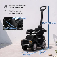 Qaba 3 In 1 Licensed Ford Kids Push Car with Push Handle, Horn, Sound, Secure Bar, Storage, for Toddlers 18-36 Months, Black(m-3)