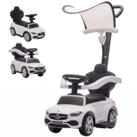 Qaba 3 in 1 Toddler Push Car Licensed Benz with Push Handle, Guardrails, Canopy, Horn, Music, Storage for 18-36 Months, White(m-1)
