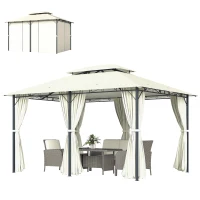 Outsunny 13' x 10' Soft-top Gazebo Patio Steel Canopy Portable Party Event with Double Canopy Roof, Curtains, Cream White(m-10)