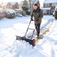 Outsunny Snow Shovel with Wheels, 29" x 16.5" Metal Snow Pusher with Adjustable Handle, 5-Angle Blade for Driveway, Black(m-9)