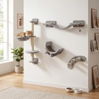 PawHut 4Pcs Cat Wall Shelf with Scratching Post, Cat Wall Shelves for Relaxing, Climbing, Cat Wall With Soft Ladder, Hammock, Play Balls, Grey(m-1)