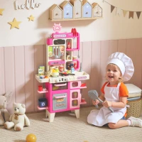 Qaba Pretend Play Kitchen Set with Realistic Lights & Sounds, 104PCS Toy Kitchen Accessories for Boys and Girls, Pink(m-2)