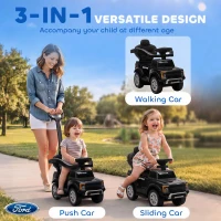Qaba 3 In 1 Licensed Ford Kids Push Car with Push Handle, Horn, Sound, Secure Bar, Storage, for Toddlers 18-36 Months, Black(m-4)