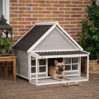 PawHut Wooden Dog House with Porch, Dog House Outdoor with Tilt Roof, Front Door, Windows for Medium Large Sized Dog(m-10)