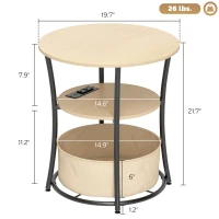 HOMCOM Round Side Table with Charging Station, 3-Tier End Table with Fabric Storage Bag and Shelf, Natural Wood(m-3)