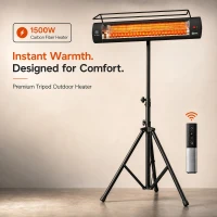 Outsunny Electric Patio Heater, 1500 W Standing IP65 Outdoor Infrared Heater with Tripod, 3 Heat Levels, 24H Timer, Black(m-4)