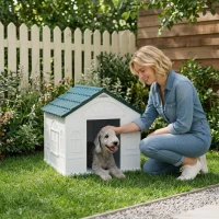 PawHut Plastic Dog House for Medium and Small Dogs, Water Resistant Puppy Shelter Indoor Outdoor with Door, Easy to Assemble, Blue(m-10)