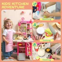 Qaba Pretend Play Kitchen Set with Realistic Lights & Sounds, 104PCS Toy Kitchen Accessories for Boys and Girls, Pink(m-6)
