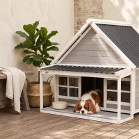 PawHut Wooden Dog House with Porch, Dog House Outdoor with Tilt Roof, Front Door, Windows for Medium Large Sized Dog(m-11)