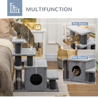 PawHut Adjustable Height 3 Step/4 Step Cat Stairs w/ Sisal Cat Scratching Post, Cat Condo, Toy Ball, for Bed, Sofa, Couch, Gray(m-5)