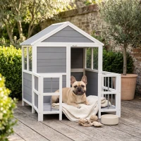 PawHut Outdoor Dog House, 61"L Wooden Dog House with Porch, Weatherproof Roof, Elevated Base, Air Vents & Observation Windows(m-10)