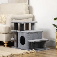 PawHut Adjustable Height 3 Step/4 Step Cat Stairs w/ Sisal Cat Scratching Post, Cat Condo, Toy Ball, for Bed, Sofa, Couch, Gray(m-10)
