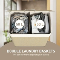 HOMCOM Double Laundry Basket with Lid, 100L Bamboo Laundry Hamper with Rope Handles and Removable Bags, Natural(m-4)