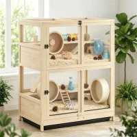 PawHut Wooden Hamster Cage, 4 Tier Small Animal Cage with Mesh Flip Roof, Pull-Out Tray, Huts, Seesaws, Ramps and Water Bottles(m-10)