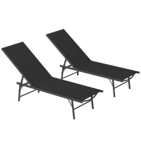 Outsunny 2 Pieces Folding Outdoor Lounge Chairs, Reclining Chaise Lounge Tanning Chair w/ Adjustable Back, Mesh Seat, Black(m-9)