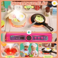 Qaba Pretend Play Kitchen Set with Realistic Lights & Sounds, 104PCS Toy Kitchen Accessories for Boys and Girls, Pink(m-4)