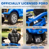 Qaba 3 In 1 Licensed Ford Kids Push Car with Push Handle, Horn, Sound, Secure Bar, Storage, for Toddlers 18-36 Months, Blue(m-7)