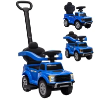 Qaba 3 In 1 Licensed Ford Kids Push Car with Push Handle, Horn, Sound, Secure Bar, Storage, for Toddlers 18-36 Months, Blue(m-11)