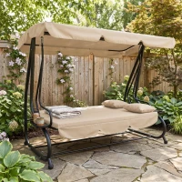 Outsunny 3-Seat Outdoor Patio Swing Chair, 2-in-1 Convertible Flat Bed, Canopy Swing with Adjustable Shade, Removable Cushions, Cup Holder, Light Brown(m-1)