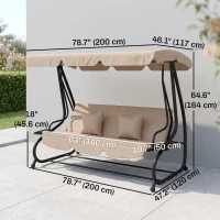 Outsunny 3-Seat Outdoor Patio Swing Chair, 2-in-1 Convertible Flat Bed, Canopy Swing with Adjustable Shade, Removable Cushions, Cup Holder, Light Brown(m-3)
