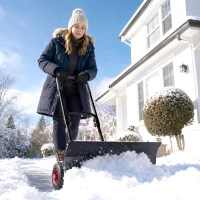 Outsunny Snow Shovel with Wheels, 29" x 16.5" Metal Snow Pusher with Adjustable Handle, 5-Angle Blade for Driveway, Black(m-8)