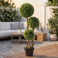 HOMCOM 35 Inch Potted Fake Plant, Artificial Boxwood Topiary Tree, Triple Ball Tree for Indoor and Outdoor, Green