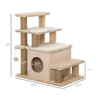 PawHut Adjustable Height 3 Step/4 Step Cat Stairs w/ Jute Cat Scratching Post, Cat Condo, Toy Ball, for Bed, Sofa, Couch, Beige(m-3)