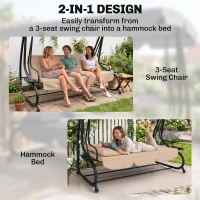 Outsunny 3-Seat Outdoor Patio Swing Chair, 2-in-1 Convertible Flat Bed, Canopy Swing with Adjustable Shade, Removable Cushions, Cup Holder, Light Brown(m-4)