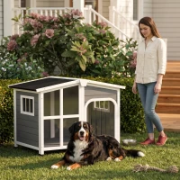 PawHut Cabin-Style Wooden Dog House for Large Dogs with Openable Roof & Giant Window,Gray(m-2)