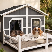 PawHut Dog House Outdoor, Wooden Dog Kennel Weatherproof with Porch, Openable Roof, Removable Bottom, Elevated Floor, Double Room for 2 Small to Medium Breeds, Gray(m-9)
