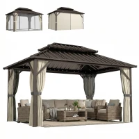 Outsunny 10' x 14' Hardtop Gazebo with Double Galvanized Steel Roof Canopy, Aluminum Frame Permanent Gazebo, Brown(m-12)