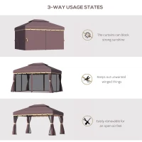 Outsunny 10' x 13' Patio Gazebo, Aluminum Frame Double Roof Outdoor Gazebo Canopy Shelter with Netting & Curtains, Coffee(m-7)