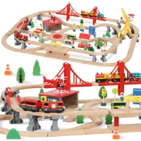 Qaba 133 Pcs Wooden Train Set with Track, Battery Towered Train, Crane, Bridge & Accessories, for Kids 3+ Years Old(m-9)