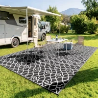 Outsunny Reversible Outdoor Rug, Waterproof Plastic Straw RV Rug with Carry Bag, 9' x 18', Black and White Clover(m-8)