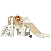 Qaba 7-in-1 Toddler Slide, Kids Slide for Ages 1-6 Years w/ Ring Toss, Basketball Hoop, Telescope Climber, Storage Space(m-11)