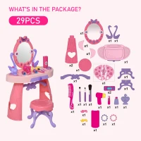 Qaba Kids Vanity Table and Stool Beauty Pretend Play Set with Mirror Lights Sounds & Pretend Beauty Makeup Accessories for Girls 3+ Years Old Pink(m-4)
