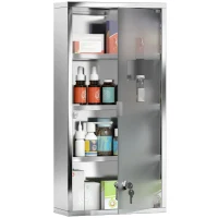 HOMCOM Wall Mount Medicine Cabinet, Bathroom Cabinet with 3 Tier Shelves, Stainless Steel Frame and Glass Door, Lockable with 2 Keys, Silver, 12" x 23.5"(m-2)
