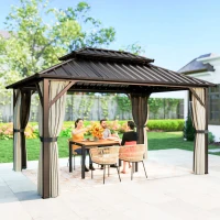 Outsunny 10' x 14' Hardtop Gazebo with Double Galvanized Steel Roof Canopy, Aluminum Frame Permanent Gazebo, Brown(m-11)