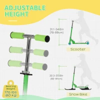 Qaba Snow Scooter, 2 in 1 Design Adjustable Height Scooter Snow Sled for Kids Aged Over 7 Years Old, Foldable Kids Sled Ski Scooter with Wheels Blades, Green(m-5)