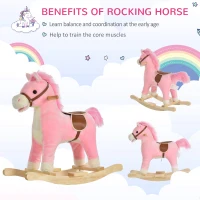 Qaba Rocking Horse Plush Animal on Wooden Rockers, Baby Rocking Chair with Sounds, Moving Mouth, Wagging Tail, Pink(m-4)
