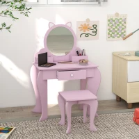 Qaba Makeup Vanity with Mirror and Stool, Cat Design, Drawer, Storage Boxes, for 3-6 Years Old, Pink(m-8)