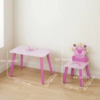 Qaba 3-Piece Set Kids Wooden Table Chair with Crown Pattern Easy to Clean Gift for Girls Toddlers Age 2-4 Years Old Pink(m-3)