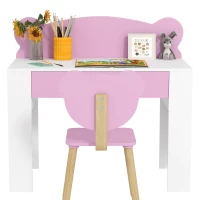 Qaba Kids Desk and Chair Set with Drawer for Drawing, Reading, Bear Theme Children Furniture for Bedroom, Daycare, Pink(m-12)